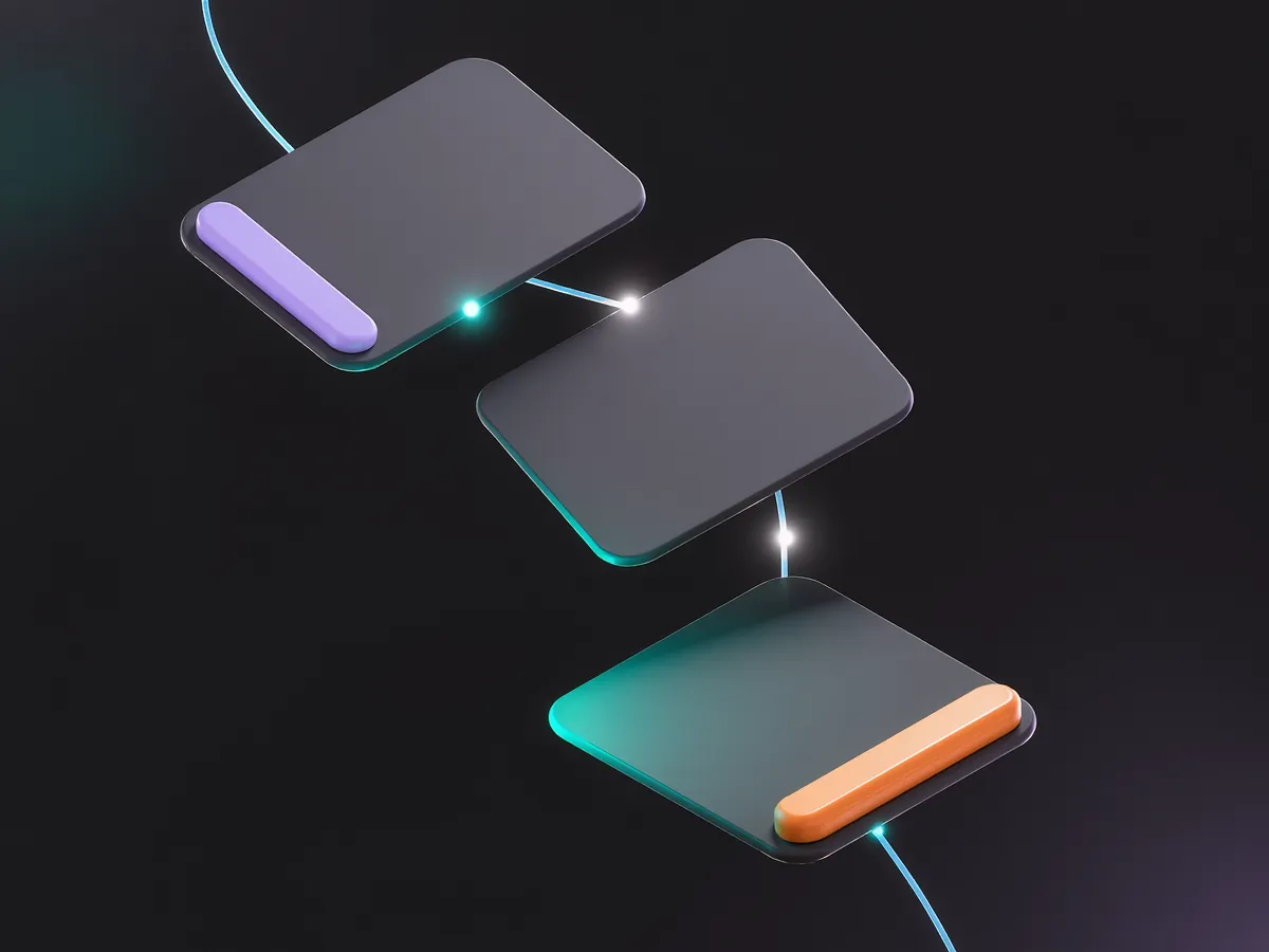 Three cards on a curving path, linked by a lit filament with a marker travelling it — an approval moving from request to approved.