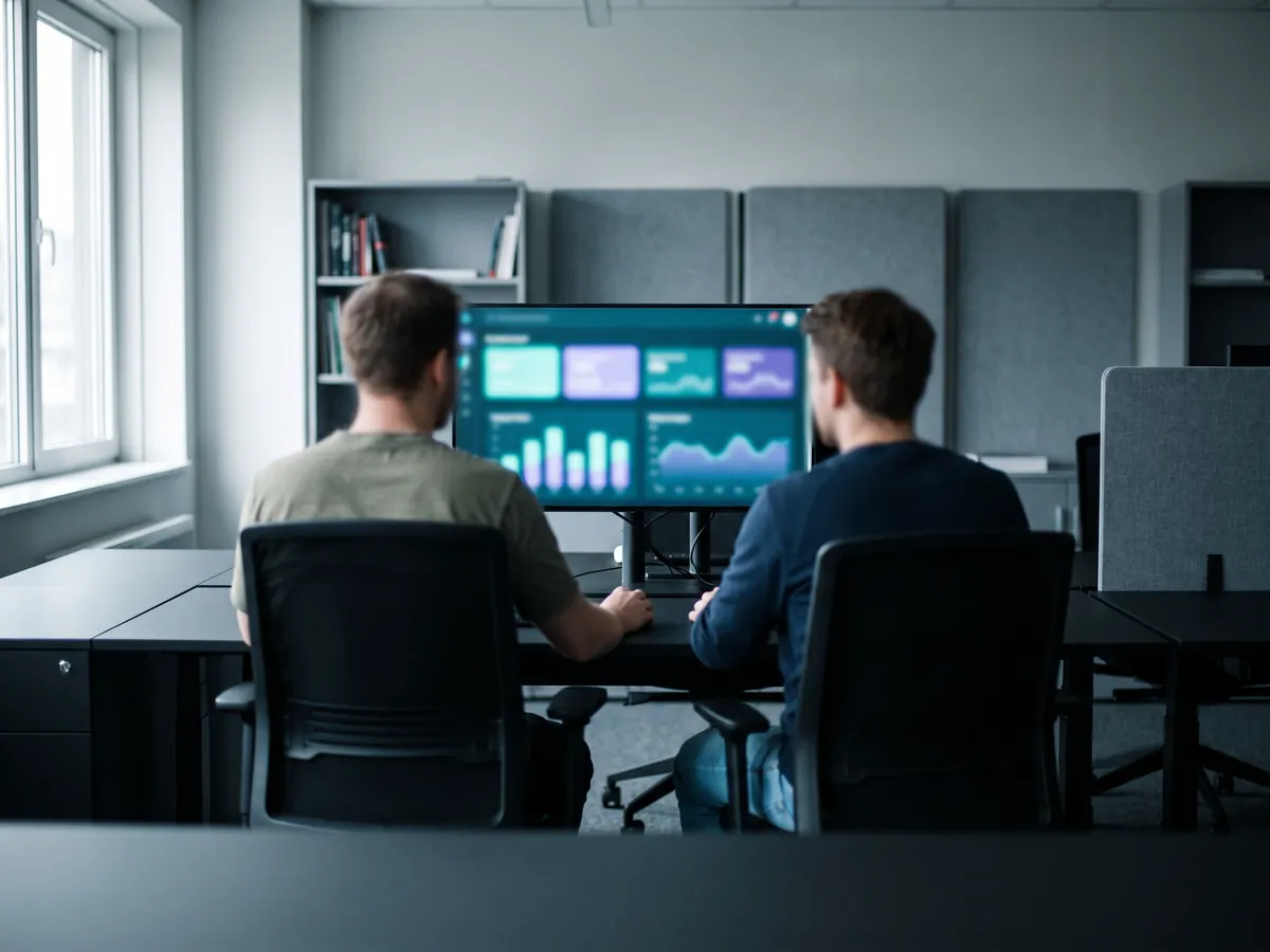 Two colleagues at one desk, seen from behind, working through a dashboard together.