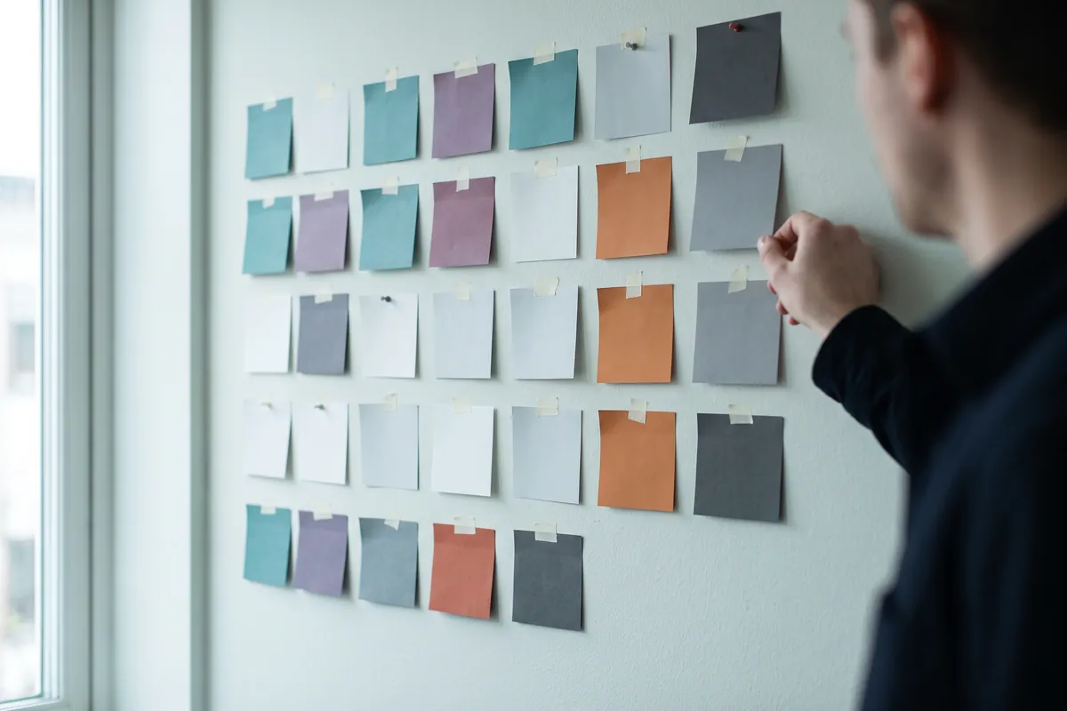 A planning wall of blank cards in columns, with one being placed.